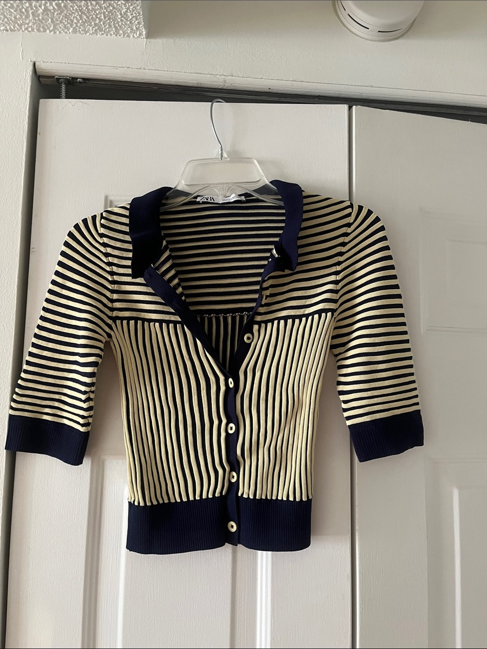 Zara Navy and Cream Striped Button-Up Cardigan